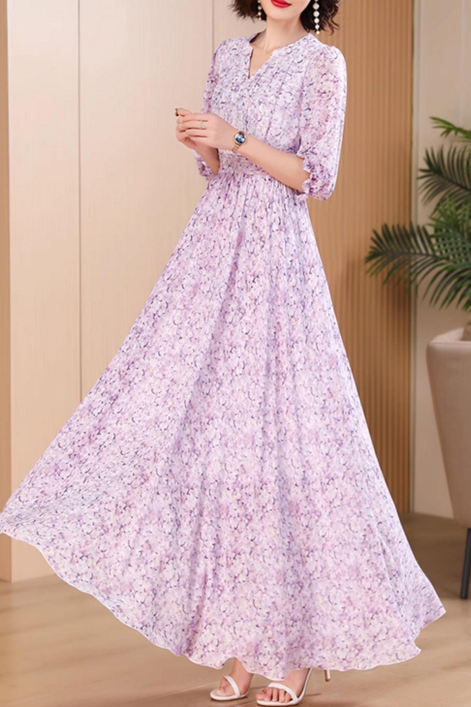swinging floral maxi dress Blue Floral Chiffon Maxi Dress with V-Neck and Swing Sleeves