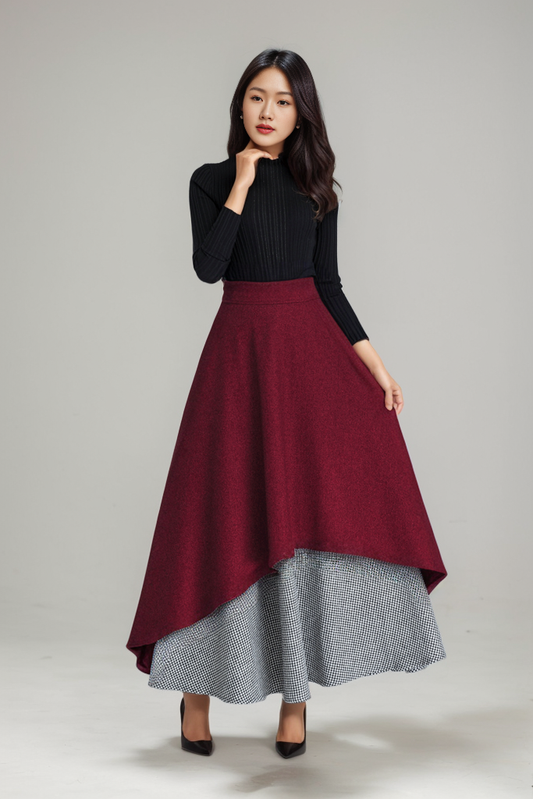 Handmade Layered Wool Maxi Skirt – Burgundy Swing with Houndstooth | Xiaolizi 5328