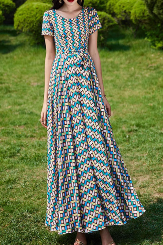 Printed Chiffon Maxi Dress - Fit and Flare Silhouette 5036