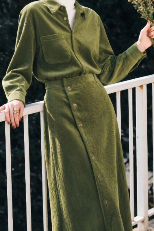 Green Corduroy Shirt and Skirt Set – Vintage Button Front Two Piece Outfit | Xiaolizi 6650
