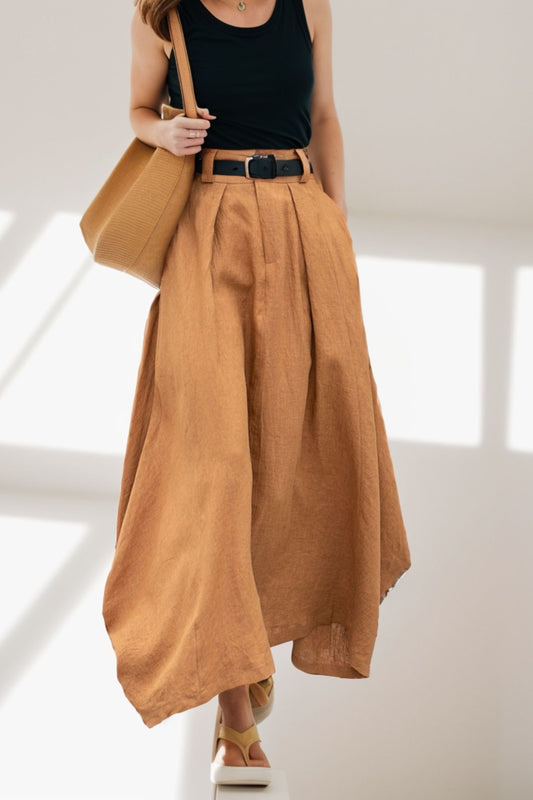Handmade Linen Maxi Skirt – Camel High Waist A-Line Skirt with Pockets | Xiaolizi 5121