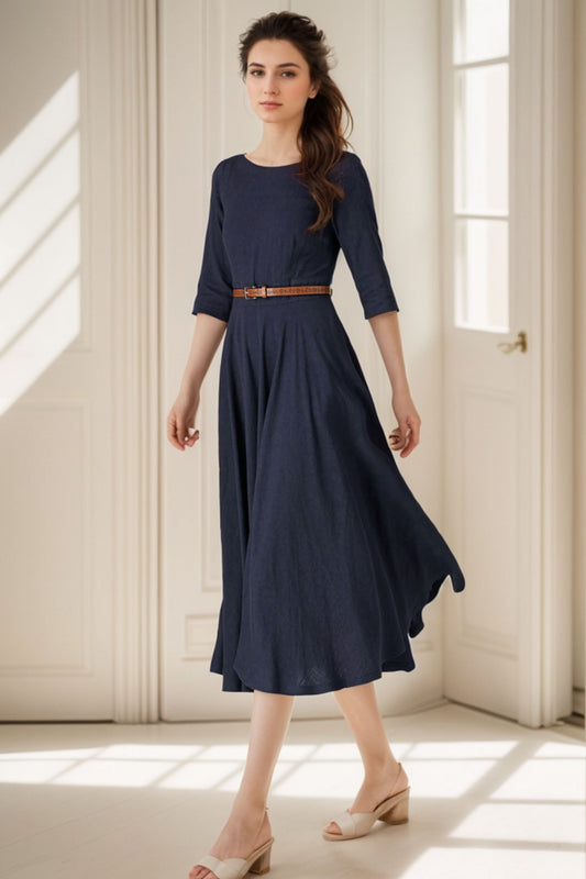 Handmade Navy Blue Linen Cotton Midi Dress – Classic Fit & Flare with Pockets 5066
