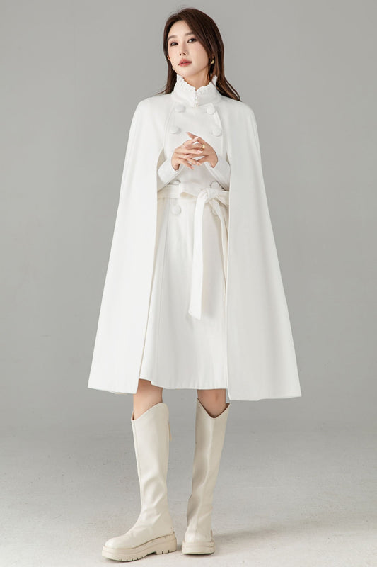 White Wool Cape Coat – Elegant Belted Winter Dress Coat | Xiaolizi 6575