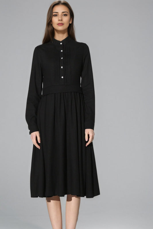 Xiaolizi Black Linen Midi Dress – Vintage Long Sleeve Pleated Dress 6349