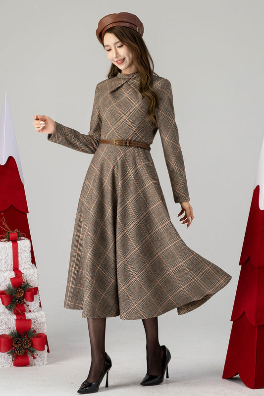 Plaid Wool Swing Dress – Long Sleeve Vintage Fitted Waist Dress with Bow Tie 4616