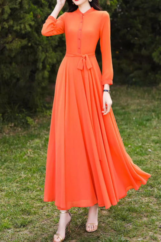 Long sleeves orange maxi chiffon dress 5076