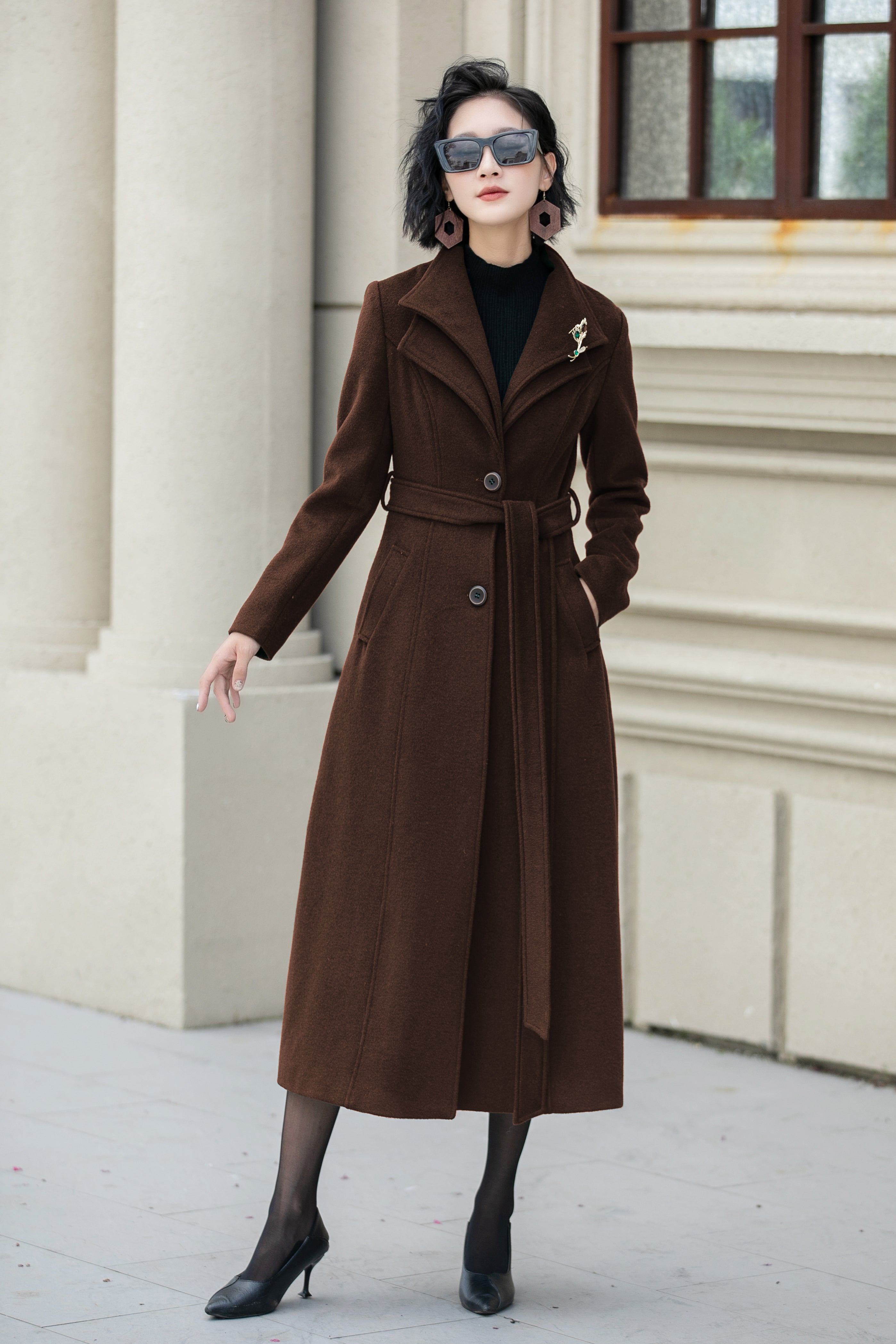 Brown Wool Midi Coat with Flared Silhouette and Fabric Belt Brown / XL