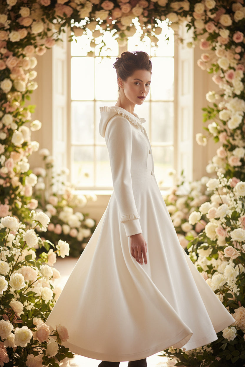 wedding dress overcoat Handmade White Wool Bridal Coat – Winter Wedding Swing Coat