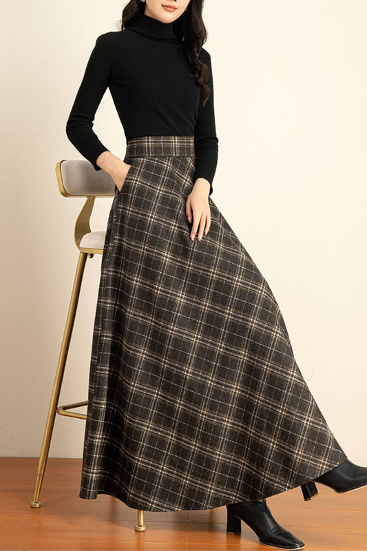 Handmade Plaid Wool Maxi Skirt – Vintage High Waist A-line Winter Elegance 6213