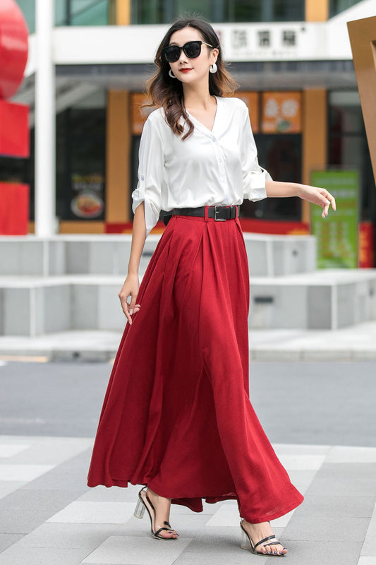 Red Linen Maxi Skirt - High Waisted A-Line Swing 3537
