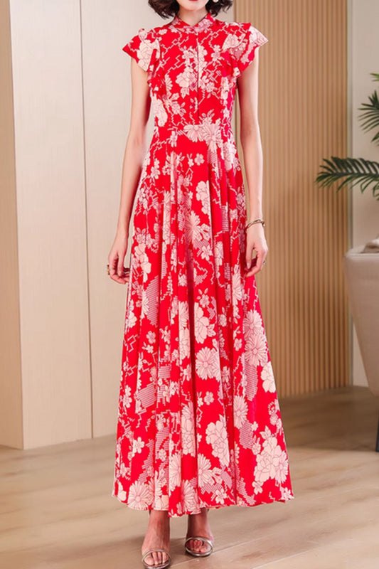 Red floral printed maxi chiffon dresses for women 4990