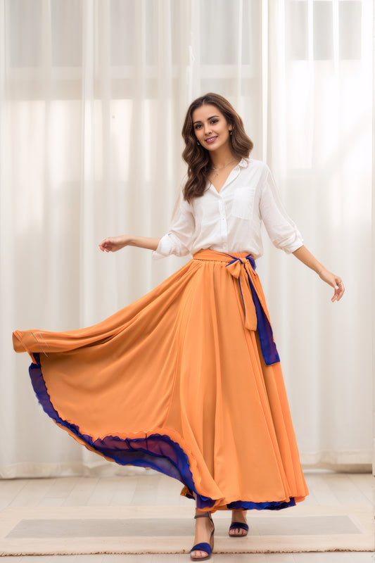 Boho Elastic Waist Chiffon Skirt with Belted 5742