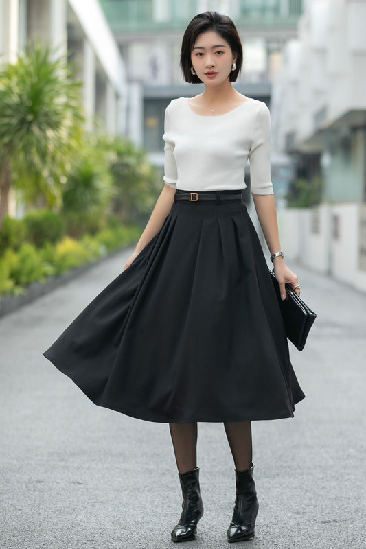Handmade Black Pleated Midi Skirt – High Waist A-Line Office Skirt 6665