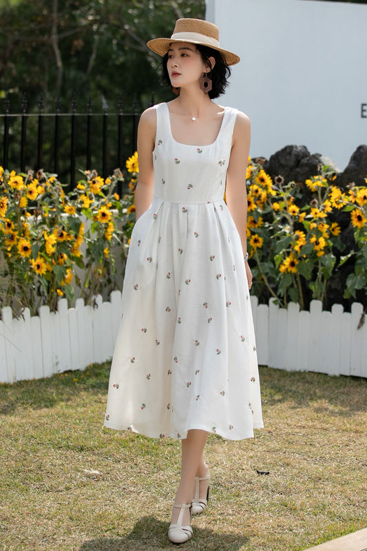 Xiaolizi Vintage Linen Midi Dress – Handmade Square Neck A-Line Summer Dress with Pockets 6685