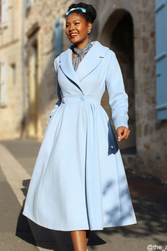 Vintage-Inspired Blue Wool Coat – Handmade 1950s Princess Midi Coat | Xiaolizi 2407