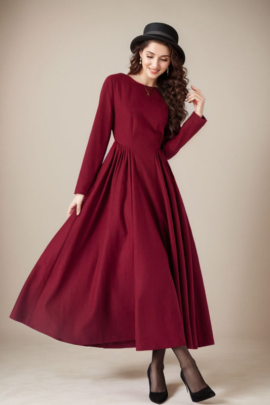 Fit and flare burgundy wool dress women 5235