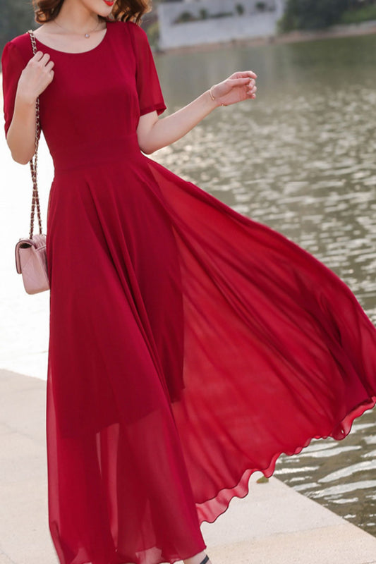 Prom fit and flare red chiffon dress HY0032
