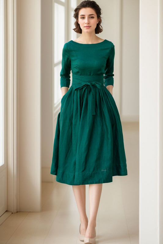 Fit and flare midi swing linen dress 5067