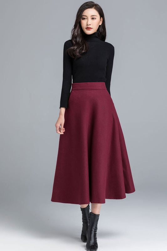 Burgundy Wool Midi Skirt – Vintage A-Line Winter Skirt with Pockets 2490