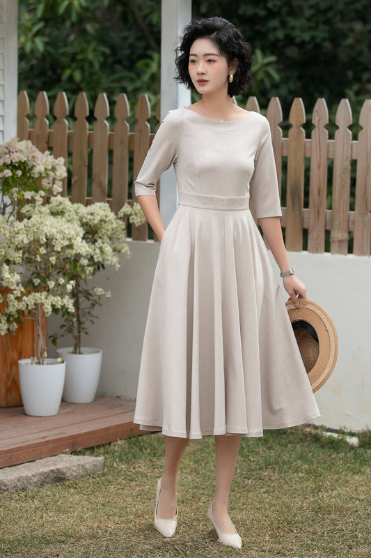 Beige Linen Midi Dress – Handmade Vintage A-Line Fit & Flare Dress with Pockets | Xiaolizi 6700