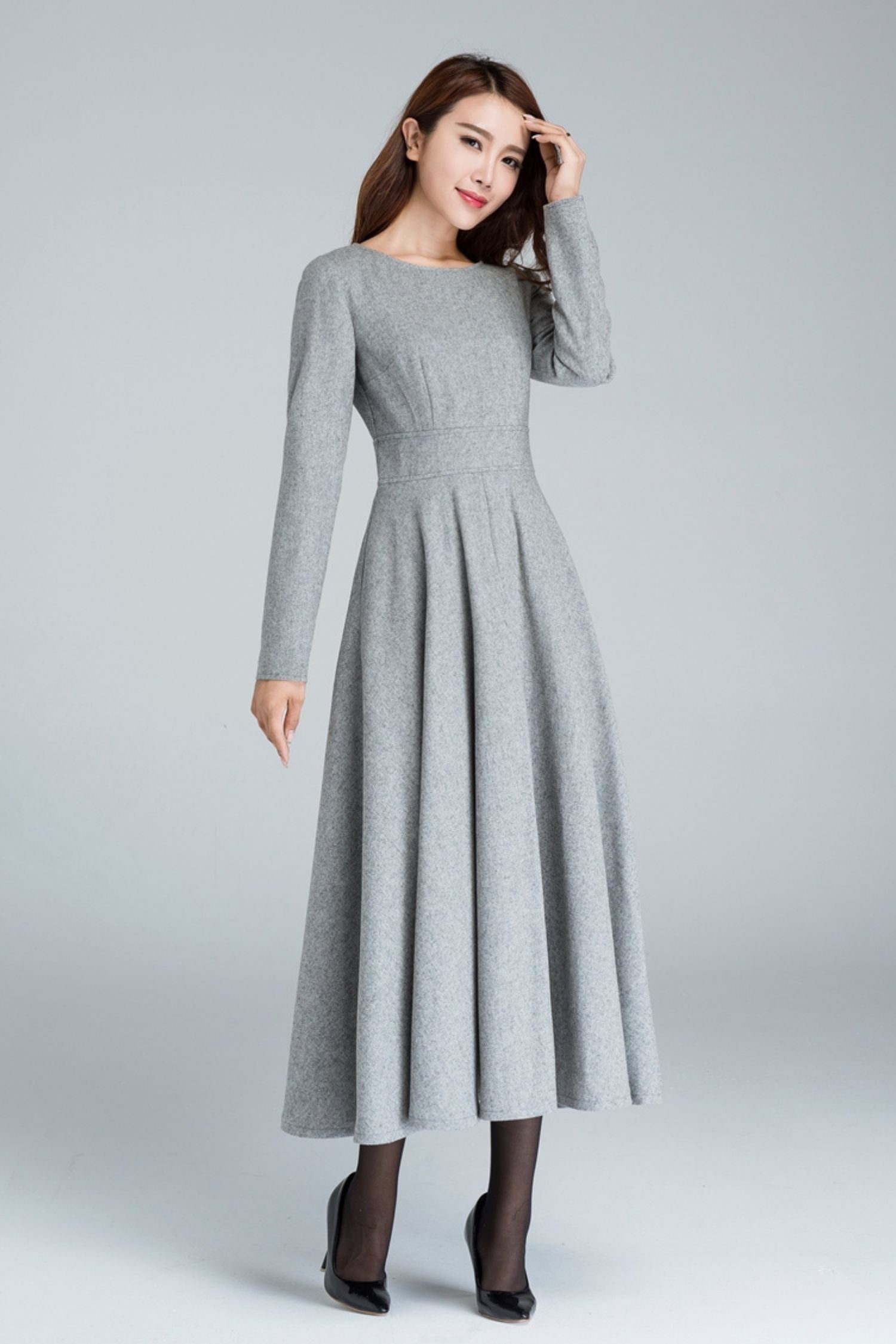 Gray Wool Swing Midi Dress Handmade Long Sleeve | Xiaolizi 1616 Gray / Custom order Gray Wool Swing Midi Dress Handmade Long Sleeve | Xiaolizi 1616 Gray / Custom order