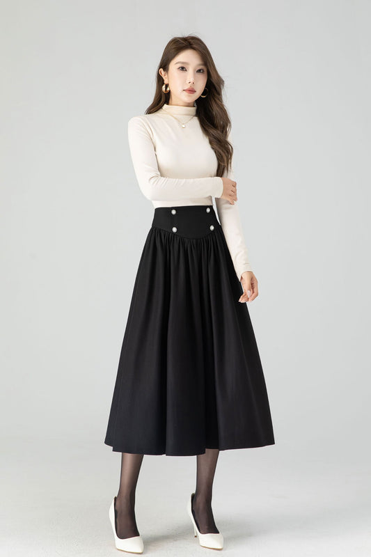 Black Wool Swing Midi Skirt - High Waisted Pleated Elegance 4556