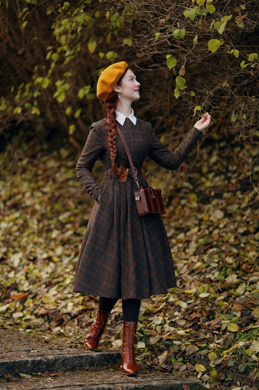 Brown Wool Blend Long Sleeve Plaid Dress – Handmade Retro Winter Style | Xiaolizi 4814
