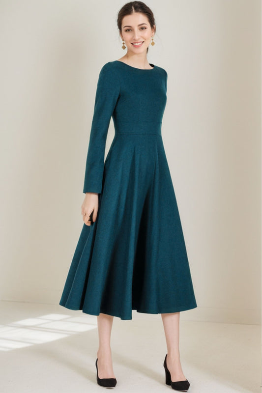 Handmade Teal Blue Wool Midi Dress – Long Sleeve Fit and Flare | Xiaolizi 5253