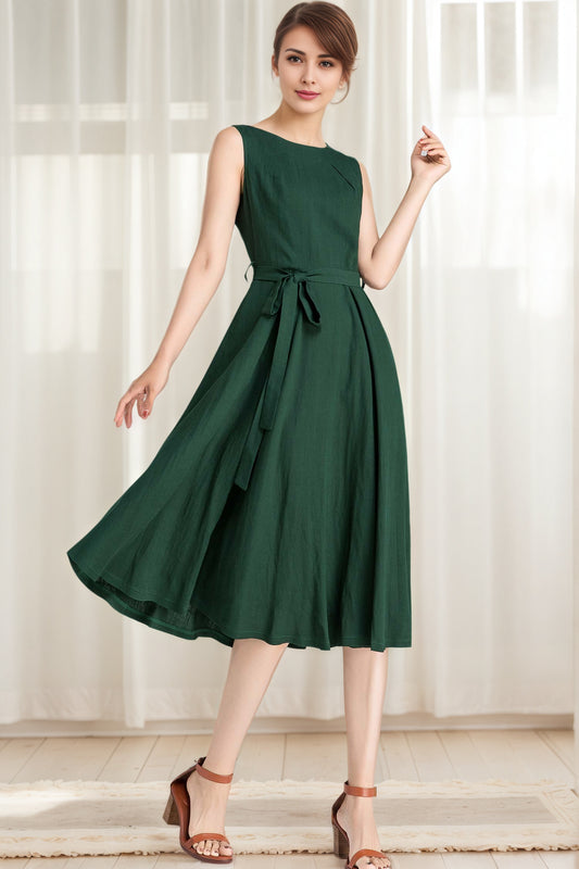 Green Linen Fit and Flare Dress – Vintage Sleeveless Midi 6624