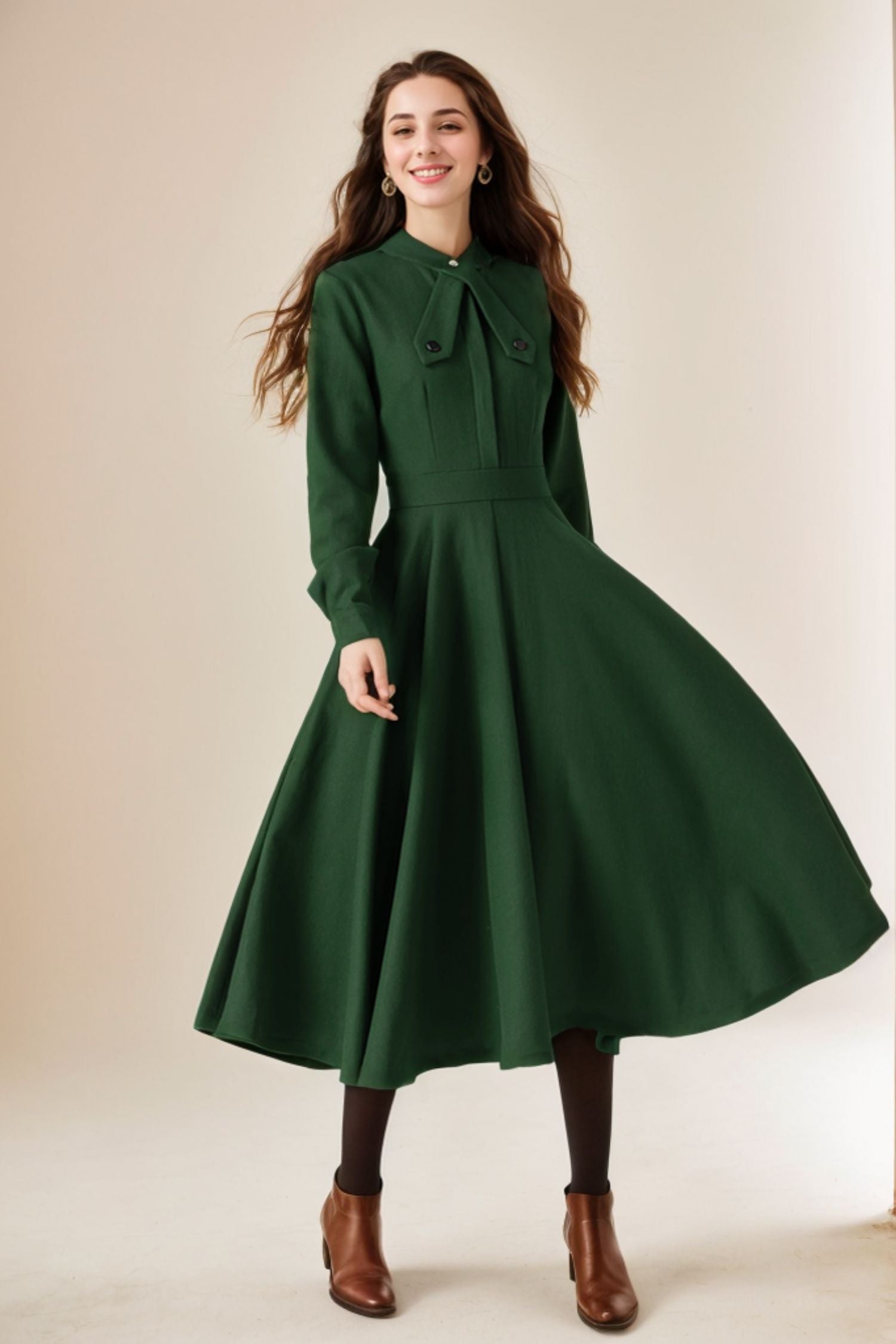 Green Wool Fit & Flare Dress Vintage A-Line | Xiaolizi Green Wool Fit & Flare Dress Vintage A-Line | Xiaolizi
