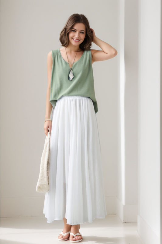 White Linen Maxi Swing Skirt, Pleated Elastic Waist | Xiaolizi 2748