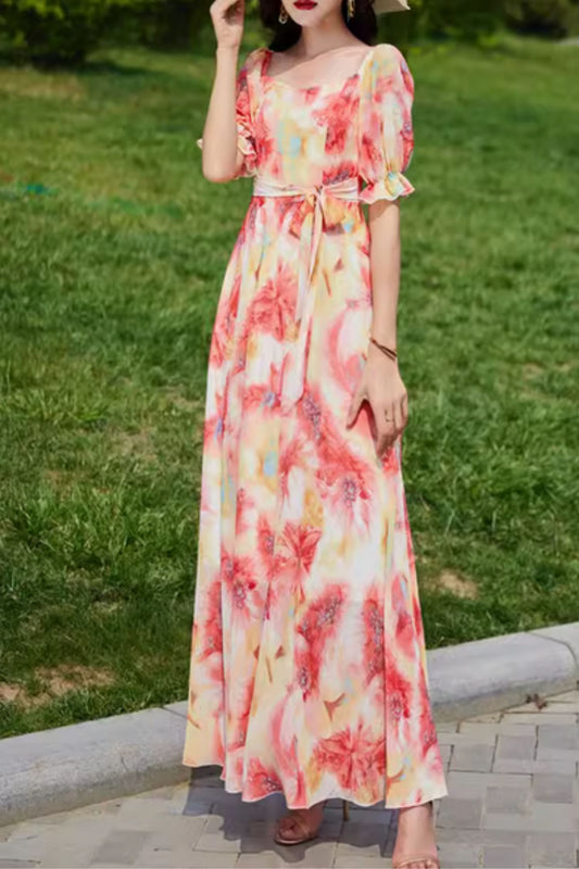 Floral Chiffon Maxi Dress - Square Neckline with Puff Sleeves 5037