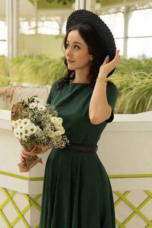 Vintage 1950s Short Sleeve Green Linen Midi Dress 3482