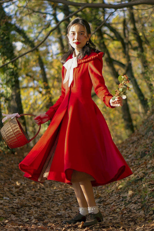 Elegant Red Wool Blend Hooded Winter Coat – Flared Midi Silhouette | Xiaolizi Outerwear 2497