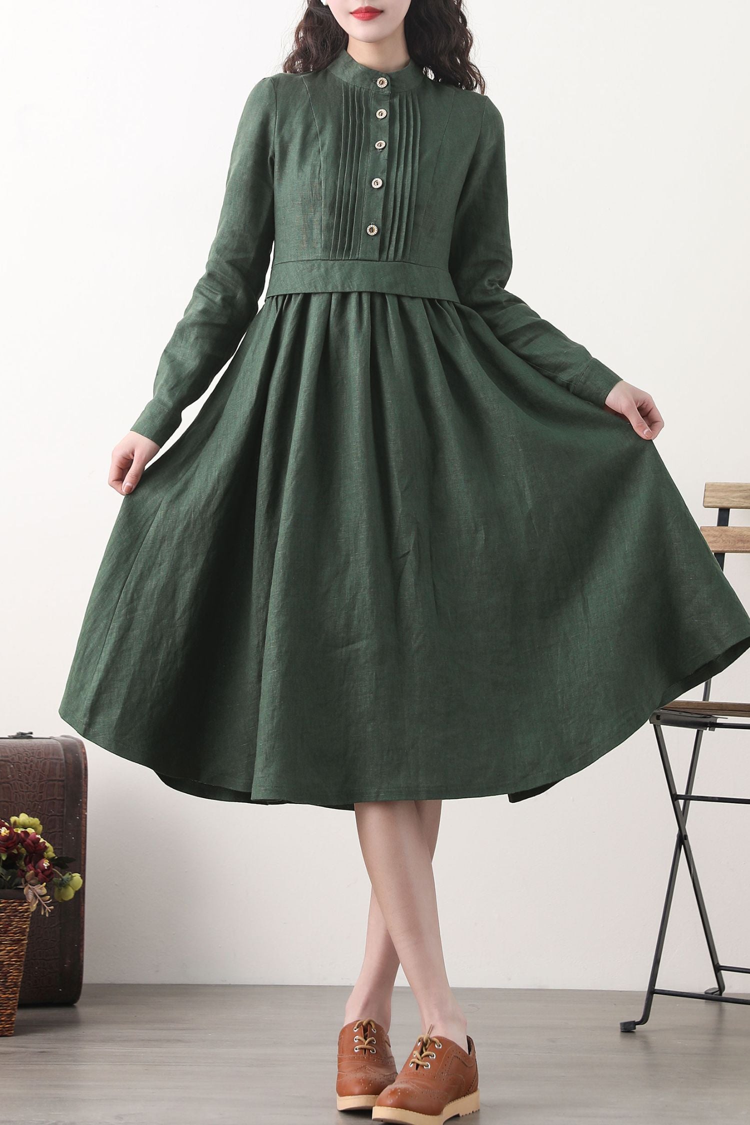 Midi green linen swing spring dresses 2576 Xiaolizi Midi green linen swing spring dresses 2576 Xiaolizi