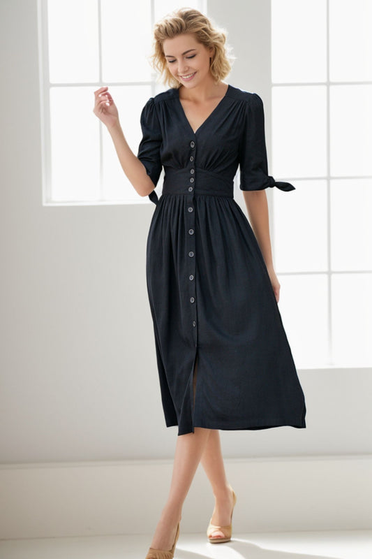 Black Linen Midi Dress - V-Neck, Button-Down Elegance 5129
