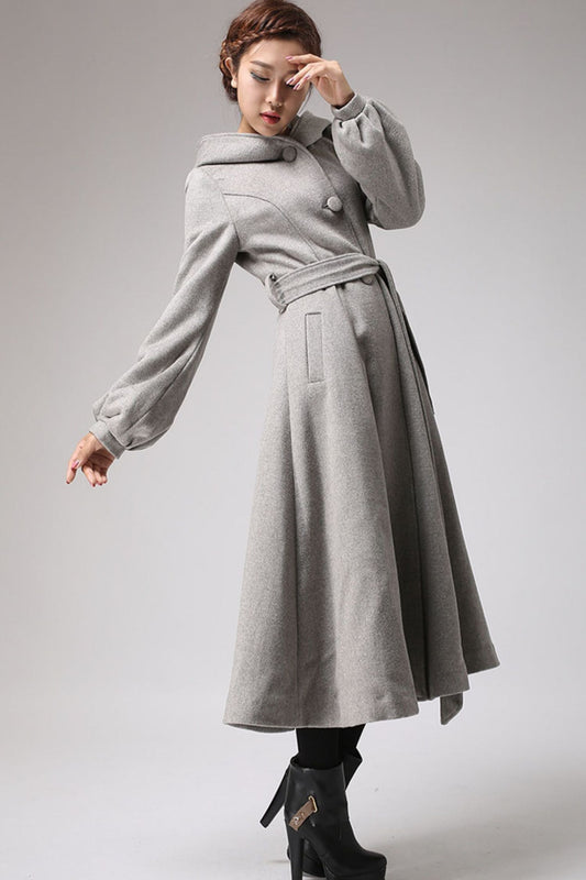 Handmade Grey Wool Coat with Hood – Belted Lantern Sleeve Long Winter Overcoat | Xiaolizi 0708