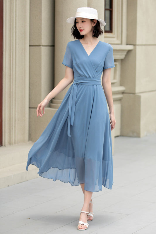 Light Blue Chiffon Dress – Fit & Flare Summer Swing Midi | Xiaolizi 5206