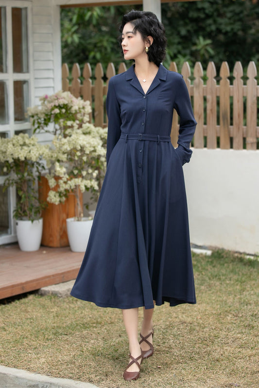 Xiaolizi Navy Linen Shirt Dress – Vintage A-Line Midi 6694