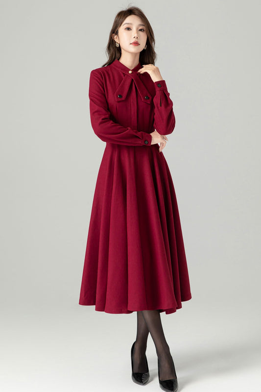 Burgundy Wool Blend Vintage Dress – Long Sleeve Fitted Waist Flared Midi 4490
