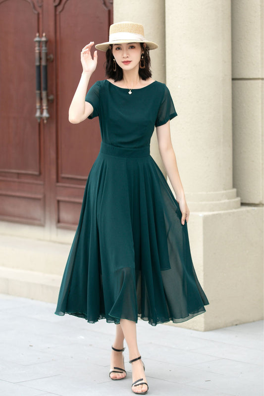 Emerald Green Chiffon Midi Fit and Flare Dress - Sheer Sleeve 5145