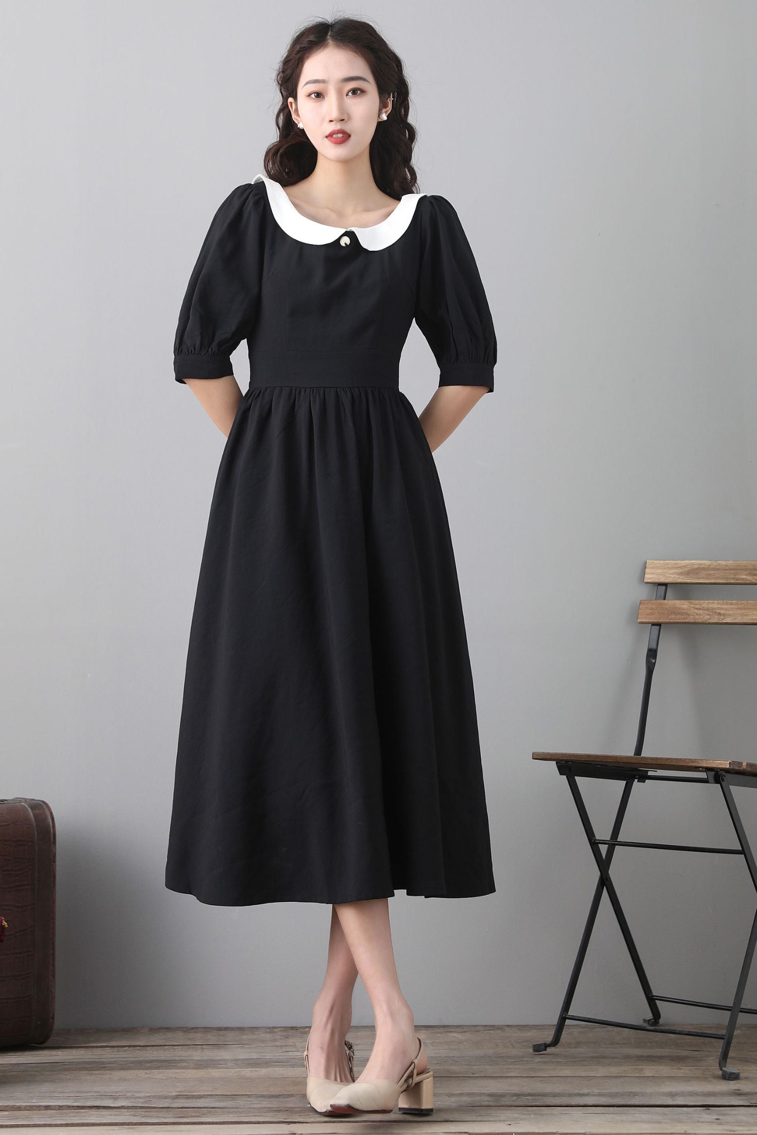 Black Cotton Linen Midi Dress