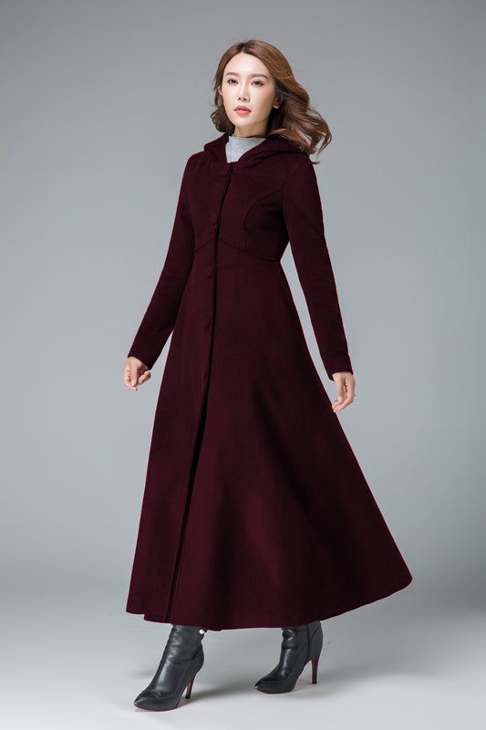 Elegant Hooded Wool Coat – Vintage Inspired Maxi A-Line Winter Outerwear 6304