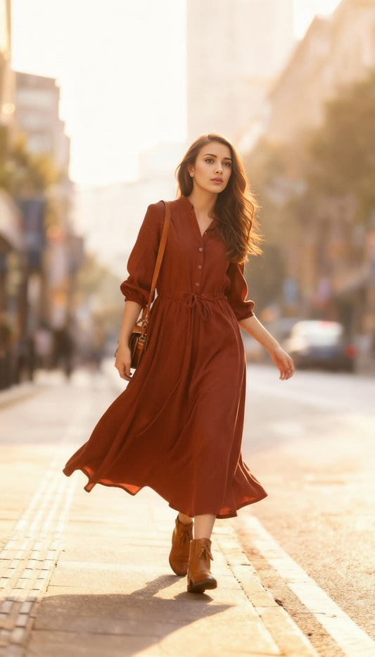 Rust Linen Maxi Shirt Dress with Drawstring Waist and Buttons | Xiaolizi 6634