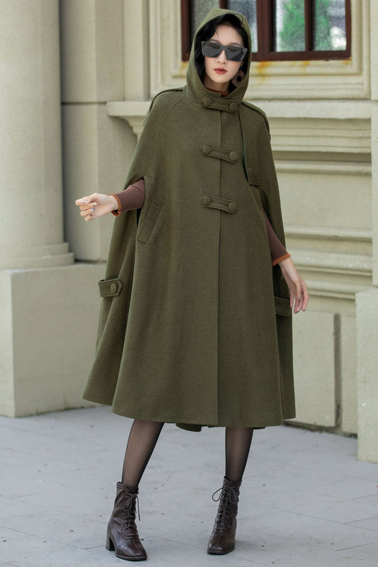 Green Wool Cape Coat – Vintage Military Hooded Winter Overcoat | Xiaolizi 5351