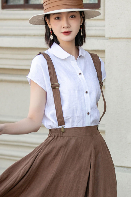 White Linen Shirt Top - Loose Fit, Lapel Collar 4921