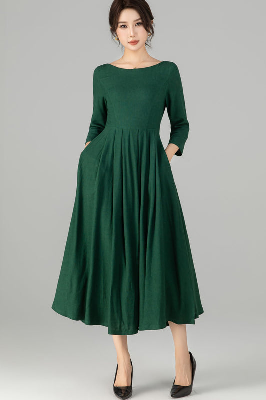 Handmade Emerald Green Linen Dress | 1950s Vintage Style Midi with Pleated Waist 5714