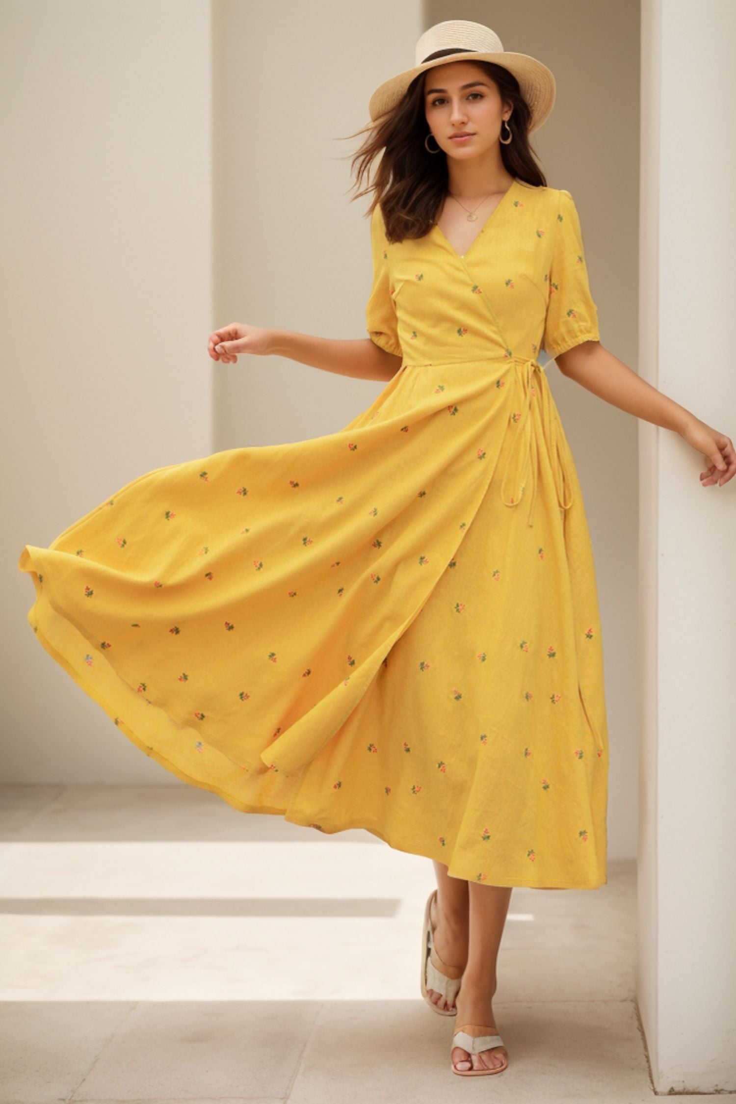 Short sleeve floral Linen midi summer dress 5118 Short sleeve floral Linen midi summer dress 5118