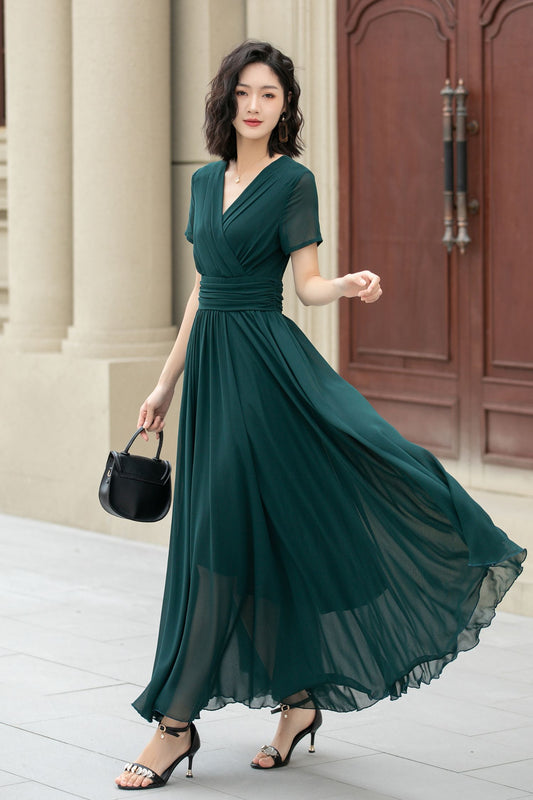 Dark Green Chiffon Maxi Dress – Handmade V Neck Swing Party Elegance 5114
