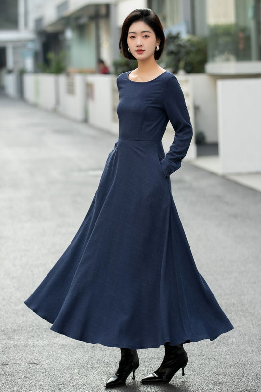 Navy Blue Linen Maxi Dress – Vintage Fit and Flare Long Sleeve Dress 6660